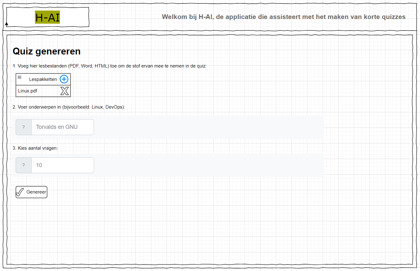 Schermafbeelding die toont hoe een quiz gegenereerd kan worden in H-AI